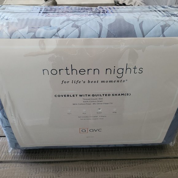 Northern Nights Cotton Printed Damask Coverlet and shams Set Chambray Blue NEW - Picture 1 of 4